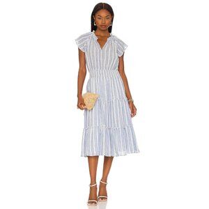 RAILS Amellia Blue White New Haven Stripe Linen Rayon Tiered Midi Dress, Size M